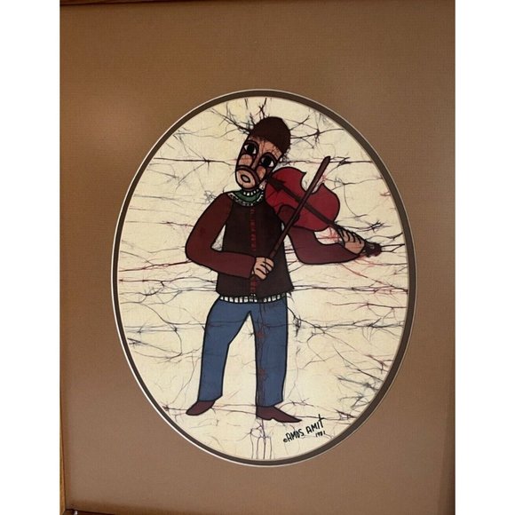AMOS AMIT FIDDLER JUDAIC Batik Signed Painting 1981 Oval Mat Framed -Priced Each - Picture 4 of 12